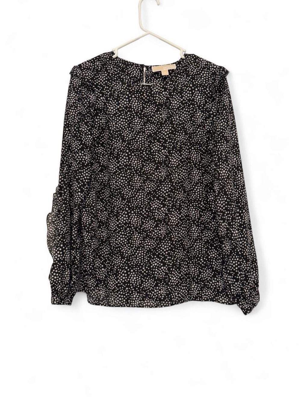 Michael Kors black & white star print long sleeve top with ruffles - size Medium